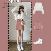 Ingvn - Oversize Sets Women Lovley Fashion Chic Spring Fall Korean Girls 2 Piece Outfits Simple Basic Crop Top Popular Sexy Mini Skirts