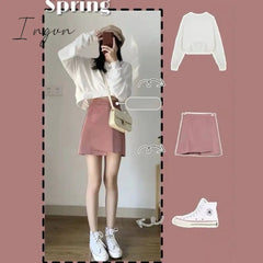 Ingvn - Oversize Sets Women Lovley Fashion Chic Spring Fall Korean Girls 2 Piece Outfits Simple Basic Crop Top Popular Sexy Mini Skirts