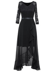 Solid Lace Splicing Aline Dress, Elegant V-neck Ruffle Hem Asymmetrical Dress For Wedding Party, Women's Clothing Wedding graduation engagement occasion ceremony party holiday vacation birthday