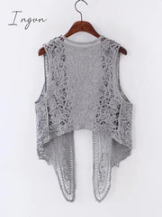 Ingvn - Asymmetric Open Stitch Cardigan Summer Beach Boho Hippie People Style Crochet Knit Embroidery Blouse sleeveless Vest