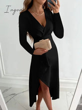 Ingvn - Women Casual Long Sleeve Fashion Solid Long Dress Autumn Winter Sexy V-neck Elegant Office Lady Irregular Dresses Female