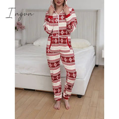 Ingvn - Women's Pajamas Jumpsuit Elk Snowflake Warm Fashion Casual Home Christmas Daily Polyester Breathable Hoodie Long Sleeve Pocket Fall Winter Black White
