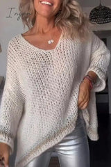 Ingvn - Casual Solid Tassel Contrast V Neck Tops