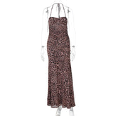 Leopard Print Backless Sexy Maxi Dress For Women Gown Halter Off-shoulder Sleeveless Bodycon Beach Long Dress Vestido