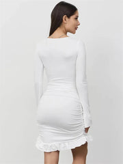 Ruffled Twist Skinny MIni Dress Women's Long Sleeve Patchwork High Waist Sexy Fashion Party Dress Female Y2k Bodycon Dress