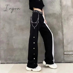 Ingvn - Women Fashion Contrast Cargo Pants Female New Arrival Elastic Waist Wide Leg Trousers Ladies Korean High Street Cotton Pant