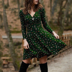 Ingvn - Spring Summer Long Sleeve V Neck Flowers Print Boho Dress Women Elegant Vintage Floral Printed Casual Green A-line Swing Dress