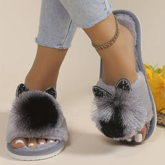 Cute Pom-pom Cat House Slippers, Cozy Open Toe Plush Flat Floor Shoes, Winter Warm Home Fuzzy Slippers