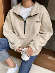 Solid Zip Front Plush Pullover Sweatshirt, Casual Long Sleeve Sweatshirt, Women's Clothing
