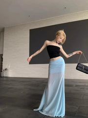 Seaside Gauze Splicing Blue Skirt Female Faldas Para Mujeres Summer Temperament Fishtail Skirt Chic Package Hip Skirts