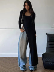 Ingvn Woman Clothing Long Sleeve High Slit Black T-shirt Dress Y2K Streetwear Fall Ladies High Waist Slim Irregular Long Dresses