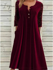 Ingvn - Women‘s Velvet Dress Red Midi Dress Midi Dress Red Half Sleeve Pure Color Velvet Fall Winter Crew Neck Modern 2023 S M L XL 2XL 3XL