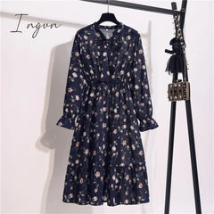 Ingvn - 11 Style Beautiful Fashion Summer Women Long Sleeve Dress Retro Collar Casual High Waist Dresses Floral Print Chiffon Clothing