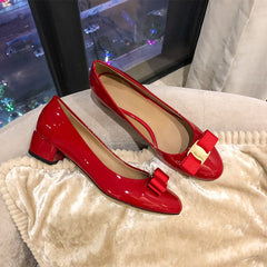 Patent Leather Bow In A Thick Single-heel Women's Shallow Flat-soled High-heeled Red Wedding Shoes Spring Shoes