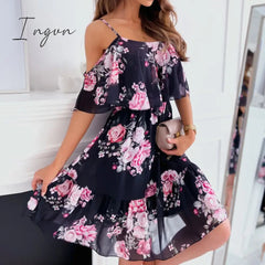 Ingvn - New Fashion Sexy Spaghetti Strap Woman Dress Summer Floral Print Off Shoulder Sundress Elegant Chiffon A-Line Beach Boho Dresses Vestidos