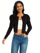 Long Sleeve Leg of Mutton Crop Jacket - Soft Medium Stretch Polyester Fabric, Crew Neck, Placket Front, Machine Washable, All-Season Casual Wear - Solid Color, Short Length, Easy Care