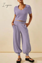 Ingvn - Casual Simplicity Solid Patchwork Pocket V Neck Short Sleeve Two Pieces