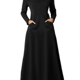 Elegant Long Sleeve Maxi Fit and Flare Dress with Pockets - Soft High Elasticity Polyester Fabric, Solid Color, Cowl Neck, Comfortable for All Seasons - Womens Everyday Wear