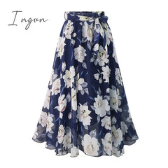 Ingvn - New Plus Size Women Chiffon Skirt Europe Fashion Bow Saia Midi Lining Jupe Femme Lace Up Falda Mujer Summer Print Floral Skirts
