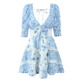 Lace Spliced Blue Floral Print Summer Dress Women Sexy Backless V Neck A-line Mini Dresses Holiday Vestido Boho Robe