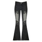 Streetwear y2k Flare Jeans Distressed 2000s Floral Print Low Rise Slim Denim Pants Korean Women Trousers Retro Mom Jeans