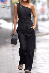 Ingvn - Elegant Solid Pocket Oblique Collar Sleeveless Two Pieces