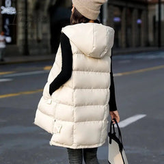 Ingvn - New Women's Vest Jacket Down Cotton Vest Autumn Winter Jacket Hooded Long Coat Sleeveless Loose Female Waistcoat Snow Wear