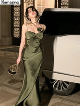 Summer Women Sexy Spaghetti Strap Evening Party Prom Club New Elegant Backless Split Satin Long Dresses Female Vestidos