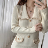 Autumn Elegant Knitted Dress for Women Fashion Single Breasted Slim A Line High Waist One Piece Female Korean Clothes Winter New