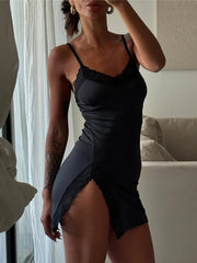 Lace Spaghetti Strap Sexy Mini Dress For Women Robe Fashion Sleeveless Backless Bodycon Side Split Club Dress Vestido