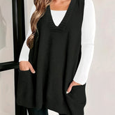 2024 Spring/Fall New Arrival V-Neck Knitted Vest with Pockets, Casual Large Size Pullover Cardigan, Solid Color, Polyester, No Bra Pad, for Casual Outings