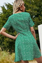 Ingvn - Printed Front Tie Regular Sleeve V-Neck Dress
