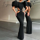 Ingvn - Summer Women's Dress Fashion Cut Out Backless Evening Sexy Night Club Party Black Puff Sleeve Celebrity Long Formal Dress