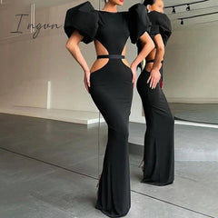Ingvn - Summer Women's Dress Fashion Cut Out Backless Evening Sexy Night Club Party Black Puff Sleeve Celebrity Long Formal Dress