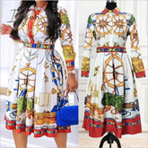 Ingvn - Loose Casual Dress Printed Long Sleeve Dress Fashion Dresses for Women England Pleated Squsre Collar Dress