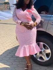 Ingvn - Women Pink Lace Dresses Midi Mermaid Long Sleeve African Ladies Party Birthday Dress Bodycon Large Size Formal Event Clothes