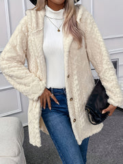 Solid Button Up Hooded Teddy Coat, Elegant Long Sleeve Split Side Faux Fur Outwear, Women's Clothing
