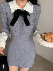 Y2K Autumn Knitted Bodycon Short Dresses Women Long Sleeves Bow Turn-down Collar Slim Dress Korean Chic Vestidos Mujer New