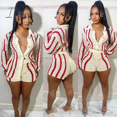 Ingvn - Striped Knitted Sweater Cardigan and Shorts Two Piece Set Women Clothing Fall 2023 Fashion Matching Sets