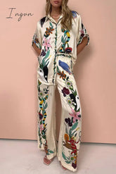 Ingvn - Casual Vintage Print Turndown Collar Short Sleeve Two Pieces