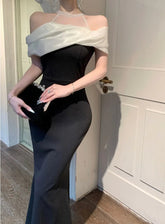 Elegant Fashion Wedding Evening Party Black Midi Dresses Women Summer Vintage Sleeveless Mesh Patchwork Bodycon Female Clothing