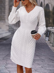 Cozy Cable Knit Dress - Figuring-Flattering Cinched Waist & Long Sleeves - Stylish V Neck Casual Style - Perfect for Fall & Winter Wardrobe - Womens Fashion Essential