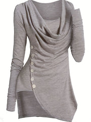 Solid Cowl Neck Bodycon Dress, Elegant Long Sleeve Asymmetrical Dress, Women's Clothing