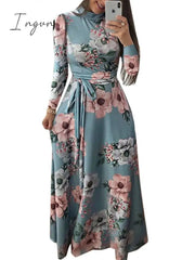 Ingvn - Women Summer Long Dress Casual Long Sleeve Boho Floral Print Maxi Dress Turtleneck Bandage Elegant Party Dresses Vestidos
