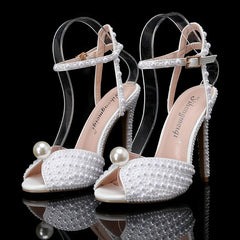 New White Female Sandals Bridal Shoes Woman Fashion Thin Heel Big Pearl Girls Fashion Sandals Party Shoes Sandales Femmes