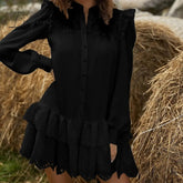 Ingvn - Women Solid Lace Shirt Dress Spring Elegant Ladies Stand Collar Hollow Out Single-Breasted Cascading Ruffles Mini Dresses