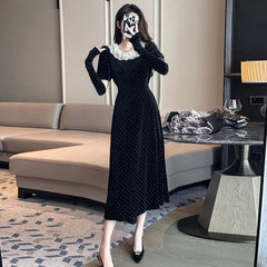 Elegant Fashion Velvet Black Midi Dresses for Women Autumn New Vintage Slim Casual Evening Birthday Party Female Clothing