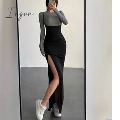 Ingvn - Sexy Split Design Dress Set Autumn Spring Long Sleeve T-Shirt Women Two Piece Set Elastic Slim 2 Piece Suit Y2K