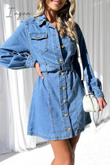 Ingvn - Casual Solid Pocket Buckle With Belt Turndown Collar Long Sleeve Straight Denim Dresses