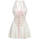 Classic Y2K Backless Dress Women Sexy See Through Summer Pink Shirring Sleeveless Stretch Chic Midnight Mini Bodycon